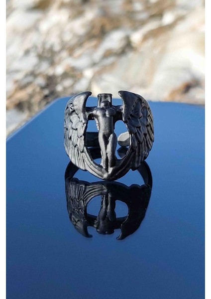Siyah Kanatlı Melek Ayarlanabilir Unisex Yüzük