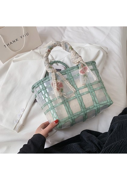 Dantel Fiyonk Hasır Çanta Moda Şeffaf Sepet Plaj Çantası(Yurt Dışından)