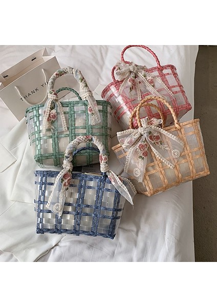 Dantel Fiyonk Hasır Çanta Moda Şeffaf Sepet Plaj Çantası(Yurt Dışından) modelleri