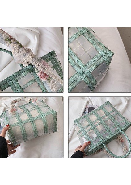 Dantel Fiyonk Hasır Çanta Moda Şeffaf Sepet Plaj Çantası(Yurt Dışından) fırsatları