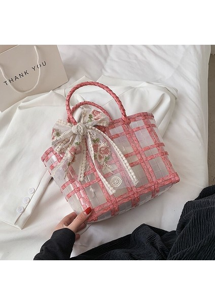 Dantel Fiyonk Hasır Çanta Moda Şeffaf Sepet Plaj Çantası(Yurt Dışından)