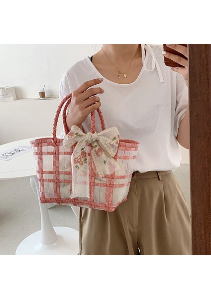 Dantel Fiyonk Hasır Çanta Moda Şeffaf Sepet Plaj Çantası(Yurt Dışından) fiyatları