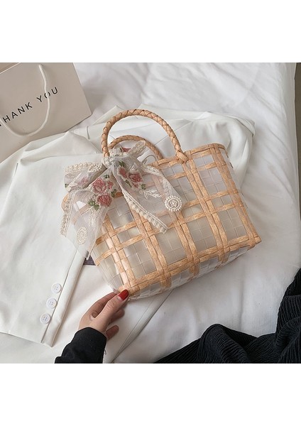 Dantel Fiyonk Hasır Çanta Moda Şeffaf Sepet Plaj Çantası(Yurt Dışından)