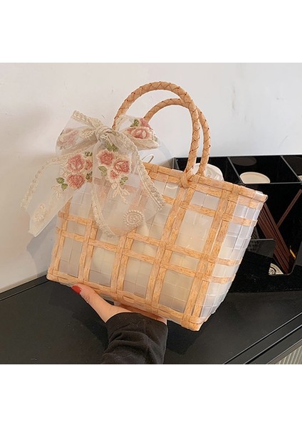 Dantel Fiyonk Hasır Çanta Moda Şeffaf Sepet Plaj Çantası(Yurt Dışından) fiyatları