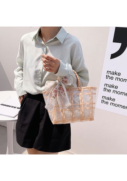 Dantel Fiyonk Hasır Çanta Moda Şeffaf Sepet Plaj Çantası(Yurt Dışından) modelleri