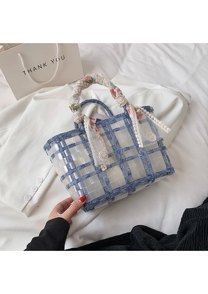 Dantel Fiyonk Hasır Çanta Moda Şeffaf Sepet Plaj Çantası(Yurt Dışından)