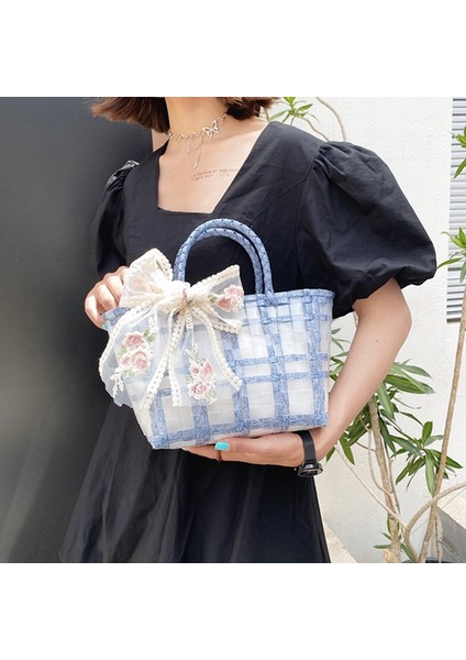 Dantel Fiyonk Hasır Çanta Moda Şeffaf Sepet Plaj Çantası(Yurt Dışından) modelleri