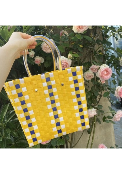 Patchwork Çizgili El Örgüsü Renkli Günlük Kadın Plaj Çantası(Yurt Dışından)