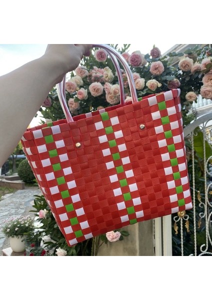 Patchwork Çizgili El Örgüsü Renkli Günlük Kadın Plaj Çantası(Yurt Dışından)