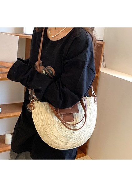 Vintage Yarım Yuvarlak Hasır Omuz Çantası (Yurt Dışından) modelleri