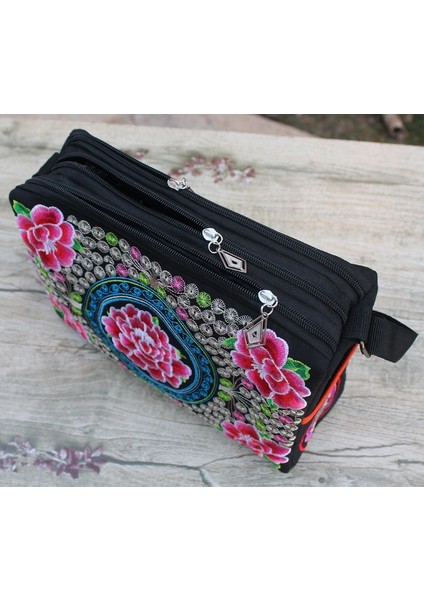 Çiçek Işlemeli Üçlü Fermuarlı Omuz Çantası(Yurt Dışından)