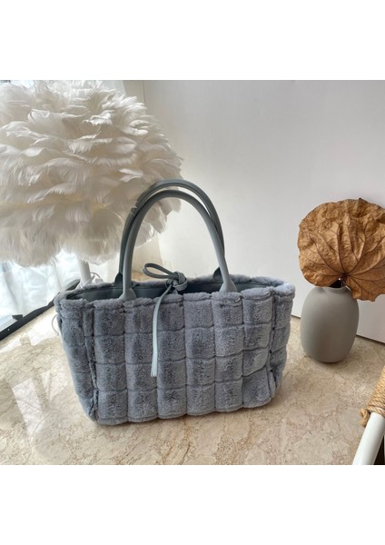 Peluş Örgülü Büyük Tote Faux Fur Bayan Alışveriş Çantası(Yurt Dışından)