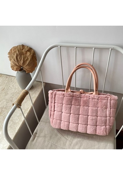 Peluş Örgülü Büyük Tote Faux Fur Bayan Alışveriş Çantası(Yurt Dışından)