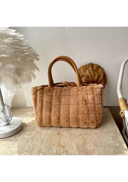 Peluş Örgülü Büyük Tote Faux Fur Bayan Alışveriş Çantası(Yurt Dışından)