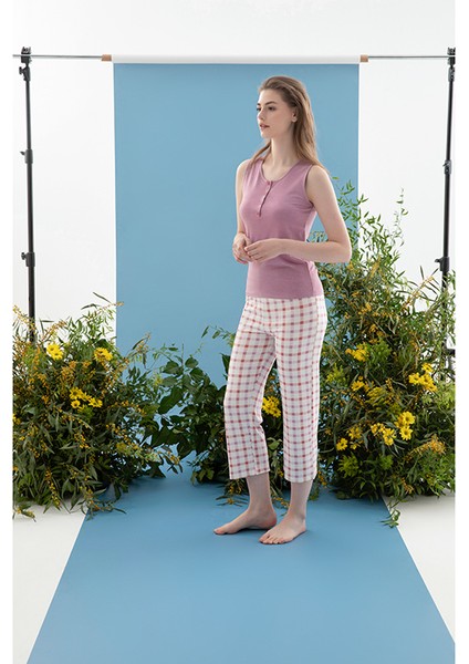 Summer Check Viskon Kadın Pijama Takımı M Lila