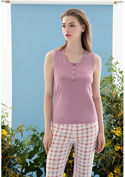 Summer Check Viskon Kadın Pijama Takımı M Lila