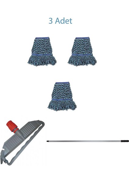 Geniş Yedek Islak Mop Paspas Takımı - 3 Ad 25 Cm. 500  gr. Islak Mop + Mop Tutucu + Metal Vidalı Sap