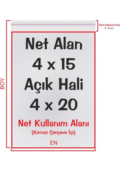 4X15+5 Cm. (4*20) 100 Adet - Şeffaf Bantlı Yapışkanlı Opp Jelatin Poşet