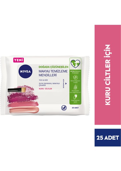 3'ü1 Arada Nazik Makyaj Temizleme Mendilleri (25Adet);Kuru ve Hassas Ciltler;Yüz ve Göz için;Suya Dayanıklı Maskara ve Makyaj Temizleme