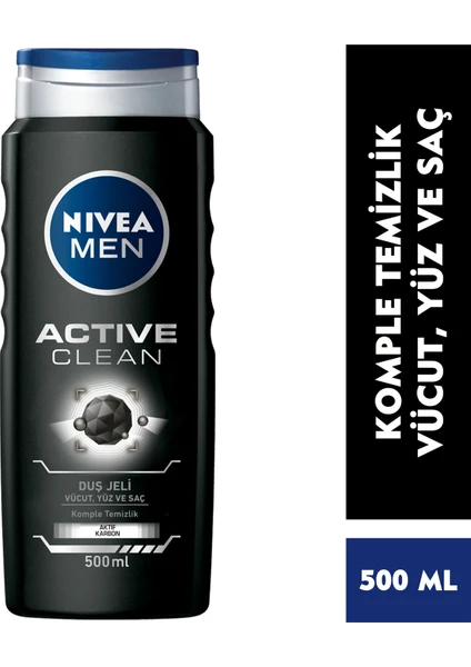 NIVEA Men Active Clean Duş Jeli 500ml;3'ü 1 Arada Komple Bakım; Vücut; Saç ve Yüz için;Doğal Aktif Karbon İçerir