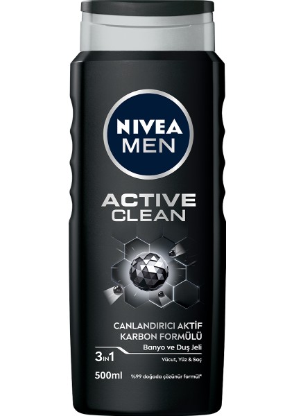 NIVEA Men Active Clean Duş Jeli 500ml;3'ü 1 Arada Komple Bakım; Vücut; Saç ve Yüz için;Doğal Aktif Karbon İçerir