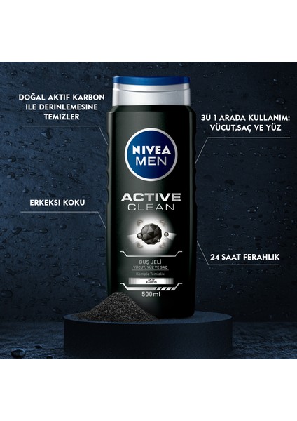 NIVEA Men Active Clean Duş Jeli 500ml;3'ü 1 Arada Komple Bakım; Vücut; Saç ve Yüz için;Doğal Aktif Karbon İçerir