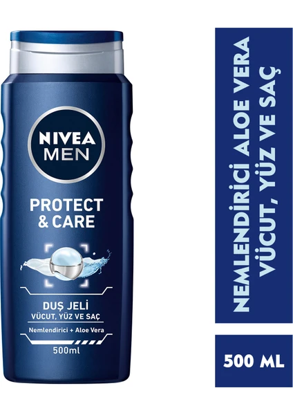 NIVEA Men Protect&Care Duş Jeli 500ml; 3'ü 1 Arada Komple Bakım; Vücut; Saç ve Yüz için;Aloe Vera ile  Etki