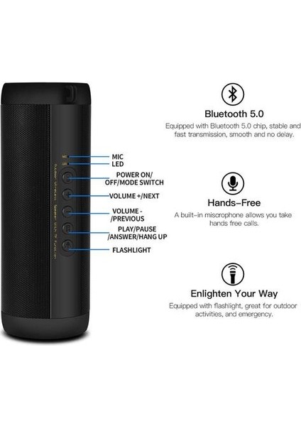 Bluetooth Hoparlör Su Geçirmez Taşınabilir Açık Kablosuz Subwoofer Sütun Kutusu Hoparlörler Hoparlör Stereo Hi Fi | Taşınabilir Hoparlörler (Siyah)