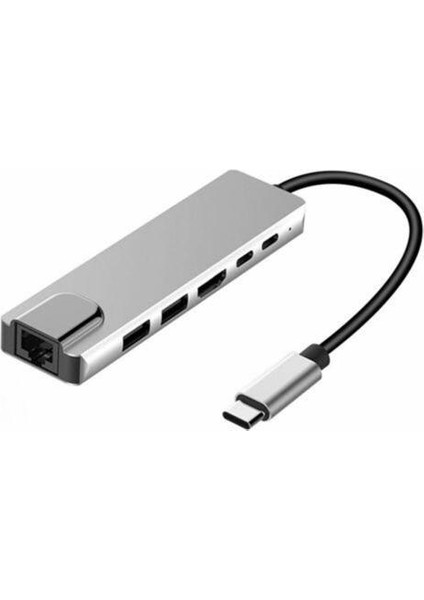 6-In-1 Usb-C Hub Çok Bağlantı Noktası Adaptörü USB Tipi C Hub Adaptörü Dock 4 K HDMI RJ45 Ethernet Lan USB Şarj R60 ile