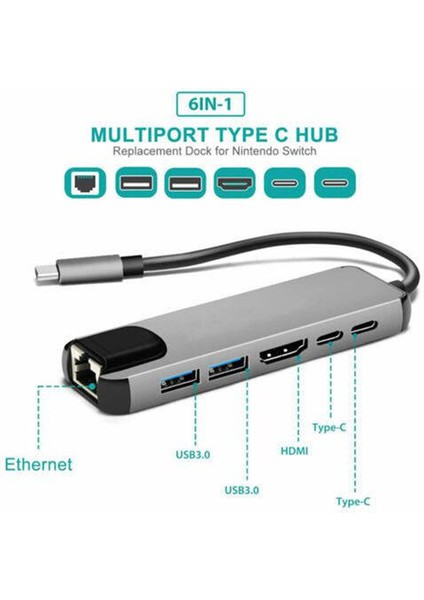 6-In-1 Usb-C Hub Çok Bağlantı Noktası Adaptörü USB Tipi C Hub Adaptörü Dock 4 K HDMI RJ45 Ethernet Lan USB Şarj R60 ile