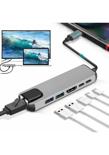 6-In-1 Usb-C Hub Çok Bağlantı Noktası Adaptörü USB Tipi C Hub Adaptörü Dock 4 K HDMI RJ45 Ethernet Lan USB Şarj R60 ile