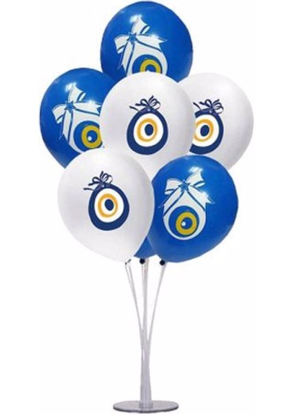 Balon Standı ve Nazar Boncuğu Baskılı Beyaz-Mavi Sünnet Parti Balonu
