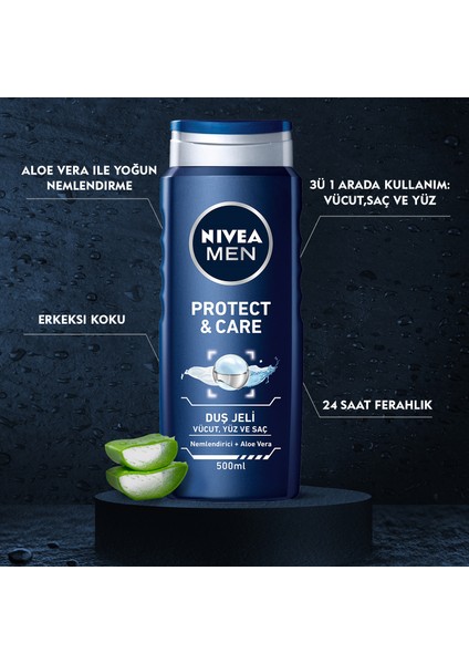 NIVEA Men Protect&Care Duş Jeli 500ml; 3'ü 1 Arada Komple Bakım; Vücut; Saç ve Yüz için;Aloe Vera ile  Etki