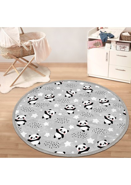Gri Zeminde Küçük Panda Çocuk & Genç Odası Makinede Yıkanabilir Kaymaz Tabanlı Püsküllü Yuvarlak Çocuk Halısı