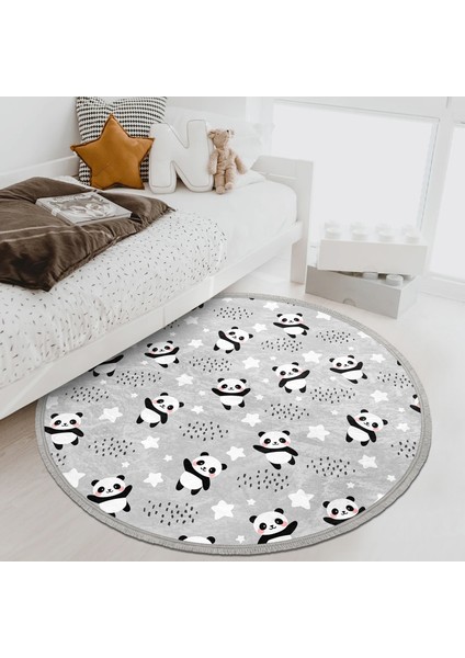 Gri Zeminde Küçük Panda Çocuk & Genç Odası Makinede Yıkanabilir Kaymaz Tabanlı Püsküllü Yuvarlak Çocuk Halısı fiyatları