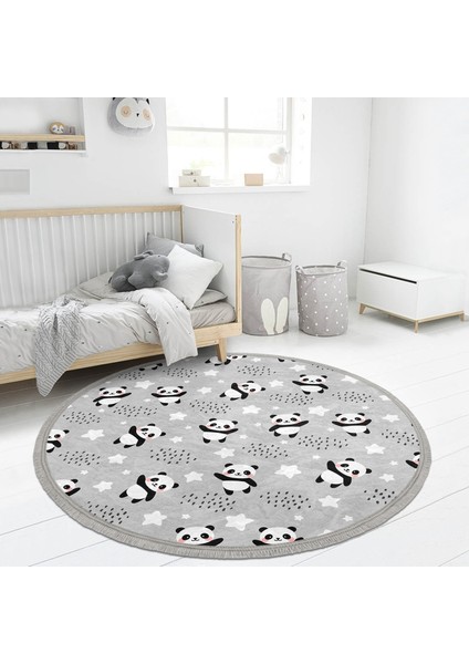 Gri Zeminde Küçük Panda Çocuk & Genç Odası Makinede Yıkanabilir Kaymaz Tabanlı Püsküllü Yuvarlak Çocuk Halısı modelleri