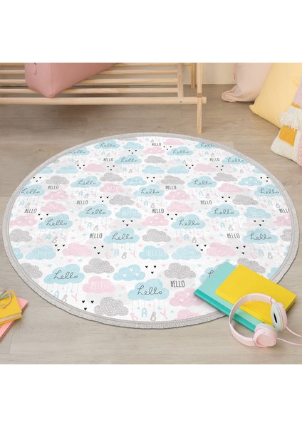 Hello Baby Renkli Bulutlar Çocuk & Genç Odası Makinede Yıkanabilir Kaymaz Tabanlı Püsküllü Yuvarlak Çocuk Halısı modelleri