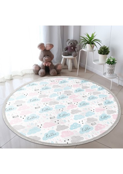 Hello Baby Renkli Bulutlar Çocuk & Genç Odası Makinede Yıkanabilir Kaymaz Tabanlı Püsküllü Yuvarlak Çocuk Halısı indirimleri