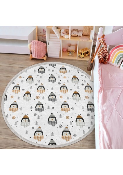 Atkılı Penguen Motifli Çocuk & Genç Odası Makinede Yıkanabilir Kaymaz Tabanlı Püsküllü Yuvarlak Çocuk Halısı