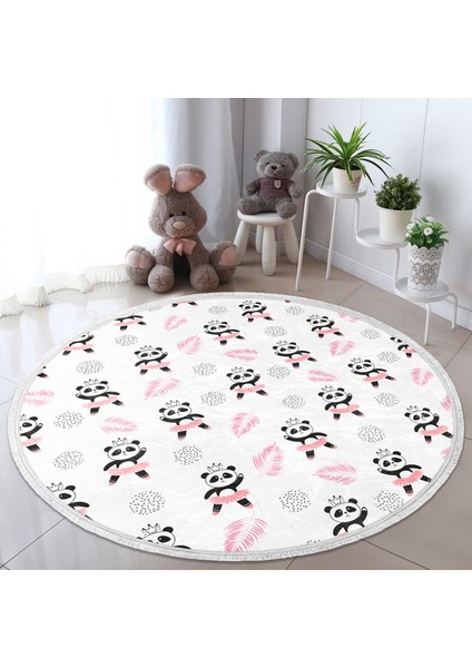 Pembe Balerin Panda Desenli Çocuk & Genç Odası Makinede Yıkanabilir Kaymaz Tabanlı Püsküllü Yuvarlak Çocuk Halısı