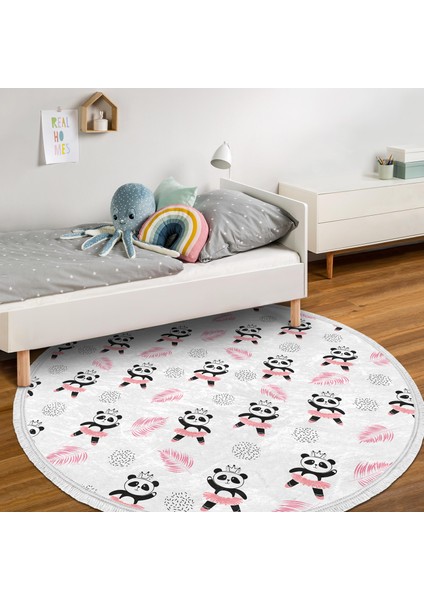 Pembe Balerin Panda Desenli Çocuk & Genç Odası Makinede Yıkanabilir Kaymaz Tabanlı Püsküllü Yuvarlak Çocuk Halısı indirimleri