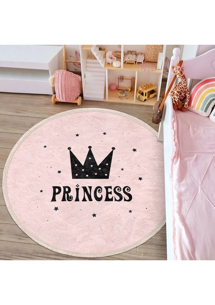 Pembe Zeminli Princess Yazılı Çocuk & Genç Odası Makinede Yıkanabilir Kaymaz Tabanlı Püsküllü Yuvarlak Çocuk Halısı indirimleri