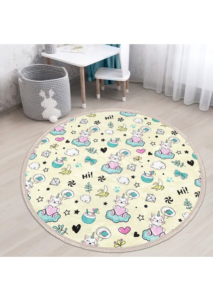 Kalpli Kedi Motifli Çocuk & Genç Odası Makinede Yıkanabilir Kaymaz Tabanlı Püsküllü Yuvarlak Çocuk Halısı
