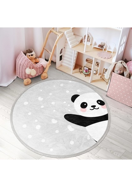 Gri Zeminde Panda Temalı Çocuk & Genç Odası Makinede Yıkanabilir Kaymaz Tabanlı Püsküllü Yuvarlak Çocuk Halısı