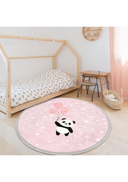 Pembe Zemin Uçan Balonlar ve Sevimli Panda Desenli Çocuk & Genç Odası Makinede Yıkanabilir Kaymaz Tabanlı Püsküllü Yuvarlak Çocuk Halısı modelleri