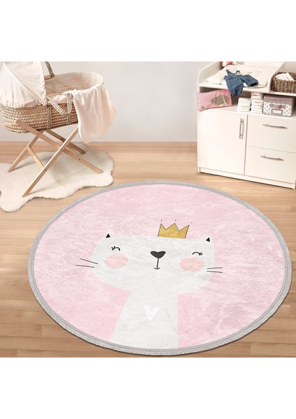 Pembe Zeminde Hello Kedicik Çocuk & Genç Odası Makinede Yıkanabilir Kaymaz Tabanlı Püsküllü Yuvarlak Çocuk Halısı modelleri