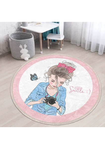 Özel Tasarım Smile Take Up Desenli Çocuk & Genç Odası Makinede Yıkanabilir Kaymaz Tabanlı Püsküllü Yuvarlak Çocuk Halısı