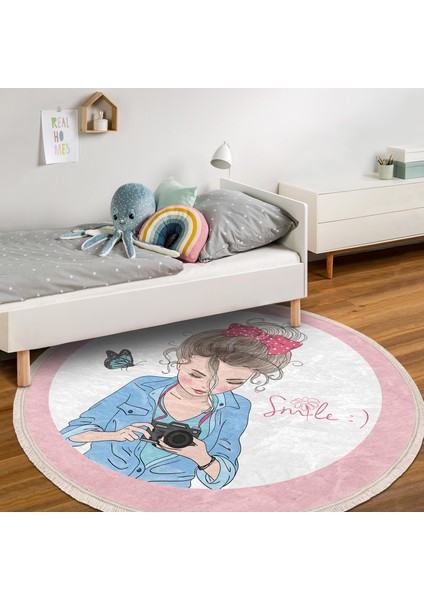 Özel Tasarım Smile Take Up Desenli Çocuk & Genç Odası Makinede Yıkanabilir Kaymaz Tabanlı Püsküllü Yuvarlak Çocuk Halısı fiyatları