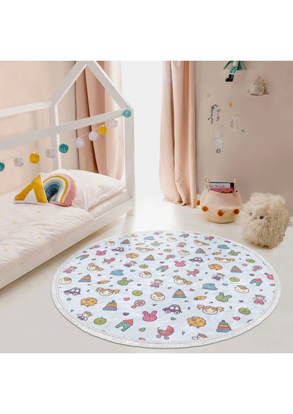 Bebek Oyuncakları Motifli Çocuk & Genç Odası Makinede Yıkanabilir Kaymaz Tabanlı Püsküllü Yuvarlak Çocuk Halısı