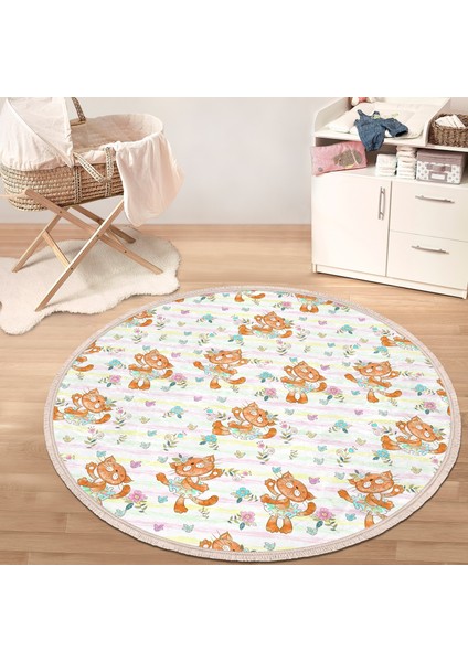 Dans Eden Kedi Desenli Çocuk & Genç Odası Makinede Yıkanabilir Kaymaz Tabanlı Püsküllü Yuvarlak Çocuk Halısı